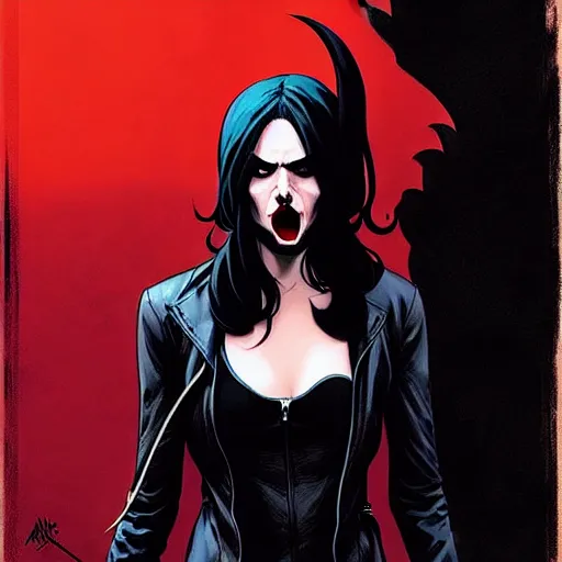 Image similar to rafael albuquerque comic art, peter mohrbacher, phil noto, steve niles, artgerm, pretty willa holland vampire sharp vampire teeth open mouth, symmetrical eyes, black leather jacket, jeans, long black hair