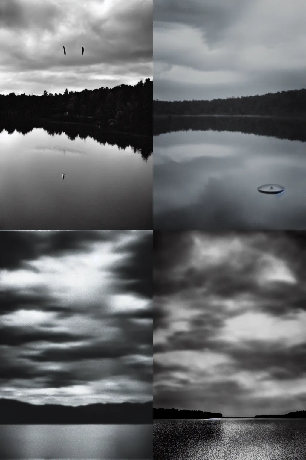 Prompt: grainy film photo of flying saucers over a small lake, overcast day, dramatic, ominous, moody, epic