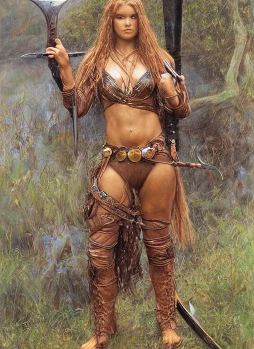 Prompt: beautiful warrior woman with wet hair wearing tan leather clothes holding a sword by artist donato giancola