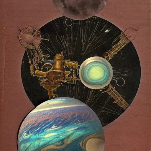 Image similar to 1960 magazine cut out collage of steam punk machinery terraforming Jupiter, water paint by Janosch,