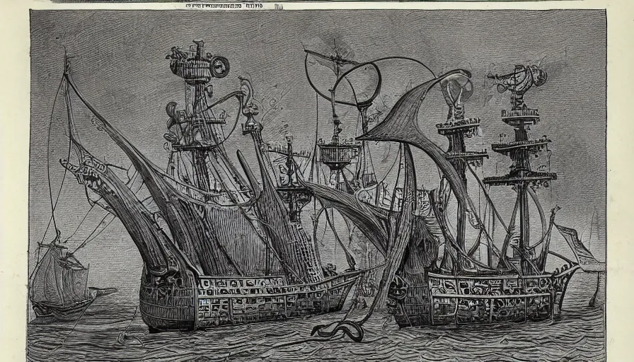 Prompt: encyclopedia drawing of a steampunk squid and ship, manuscript, detailed