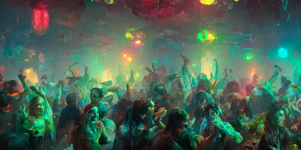 Prompt: a zombie disco party, vivid colors, extremely detailed digital painting, in the style of fenghua zhong and ruan jia and jeremy lipking and peter mohrbacher, mystical colors, rim light, beautiful lighting, 8 k, stunning scene, raytracing, octane, trending on artstation