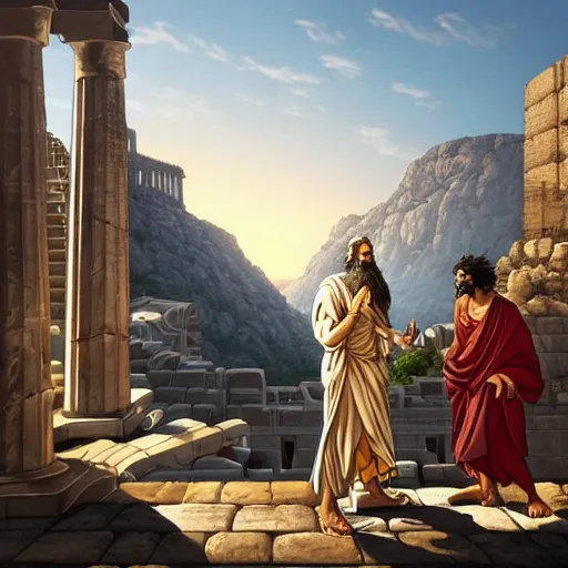 Prompt: plato arguing with diogenes on the acropolis, by dan mumford, yusuke murata, makoto shinkai, ross tran, cosmic, heavenly, god rays, intricate detail, cinematic, 8 k, cel shaded, unreal engine, featured on artstation, pixiv