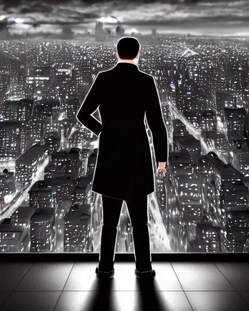 Prompt: a night rooftop scene, close up shot of a photorealistic gangster wearing a trench coat looking at the city below, unreal engine, hyper realism, realistic shading, cinematic composition, extremely detailed