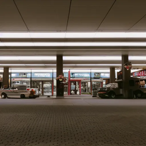 Image similar to cinematic still screenshot of the port byron travel plaza, shot by saul leiter, camera height 7 feet, moody cinematography, 2 4 mm anamorphic lens