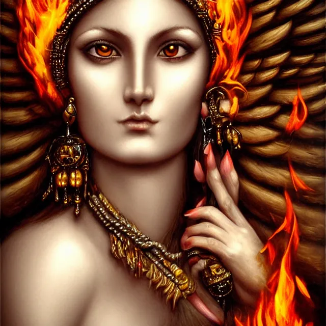 Image similar to perfectly centered close up portrait, goddess of fire, candid photography, by anne stokes, highly detailed