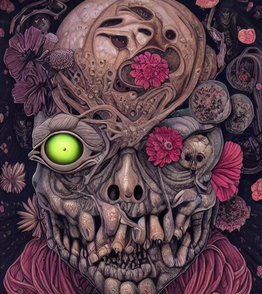 Prompt: portrait, nightmare anomalies, eyeballs flowers by dariusz zawadzki, kenneth blom, mental alchemy, james jean, pablo amaringo, naudline pierre, contemporary art, hyper detailed