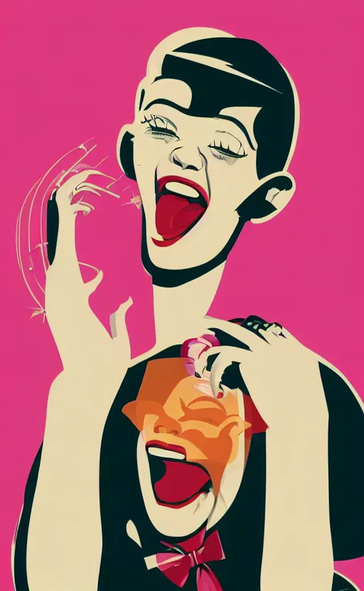 Image similar to illustration portrait of a woman with white buzzcut laughing out loud, art deco painting by tom whalen, by tomer hanuka, funny meme photo, trending on behance, digital illustration, storybook illustration, grainy texture, flat shading, vector art, airbrush, pastel, watercolor, poster