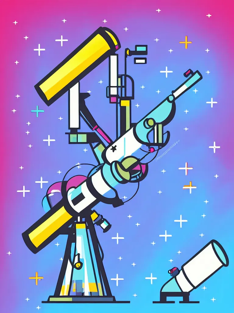 Prompt: editorial illustration scientific lab test tube telescope microscope spaceship, colorful modern, mads berg