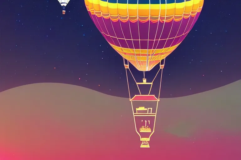 Image similar to an ornate luminescent hot air balloon in the sky at night by paolo eleuteri serpieri and tomer hanuka and chesley bonestell and daniel merriam and tomokazu matsuyama, high angle, unreal engine, high resolution render, featured on artstation, octane, 8 k, highly intricate details, vivid colors, vector illustration