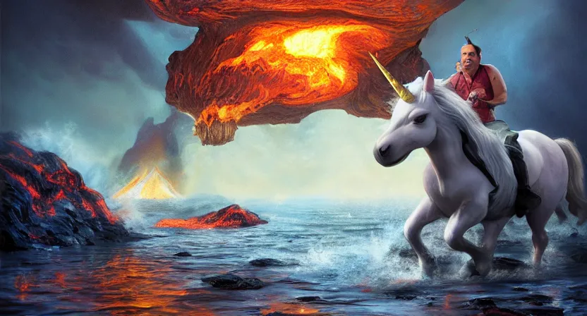 Image similar to Danny Devito riding unicorn in a lake of lava, concept art by Doug Chiang cinematic, realistic painting, high definition, digital art, symmetrical, very detailed, extremely high detail, photo realistic, concept art, unreal engine 5,