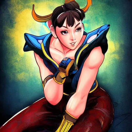 Prompt: digital art, Chun Li from Street Fighter relaxes, clean art