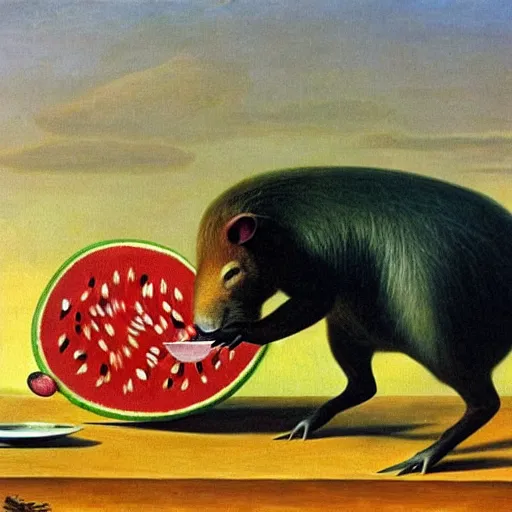 Prompt: Surrealist oil painting of a capybara enjoying a watermelon, as painted by Salvador Dali