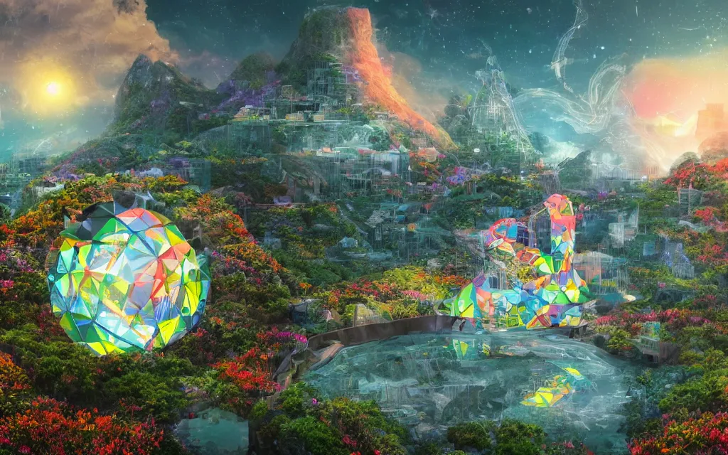 Prompt: a techno - spiritual utopian paradise, future perfect, award winning digital art