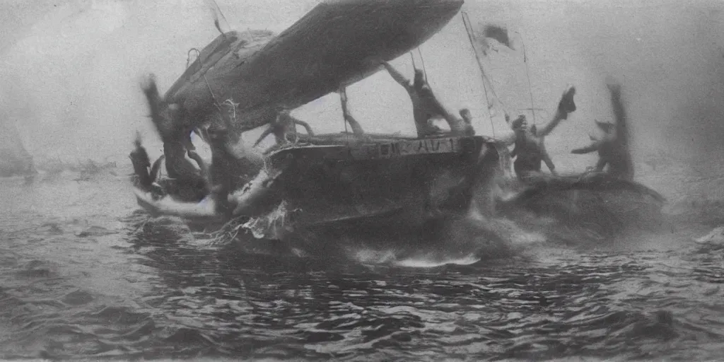 Image similar to a boat being grabbed by a giant underwater hand while people run away, 1 9 0 0 s photograph