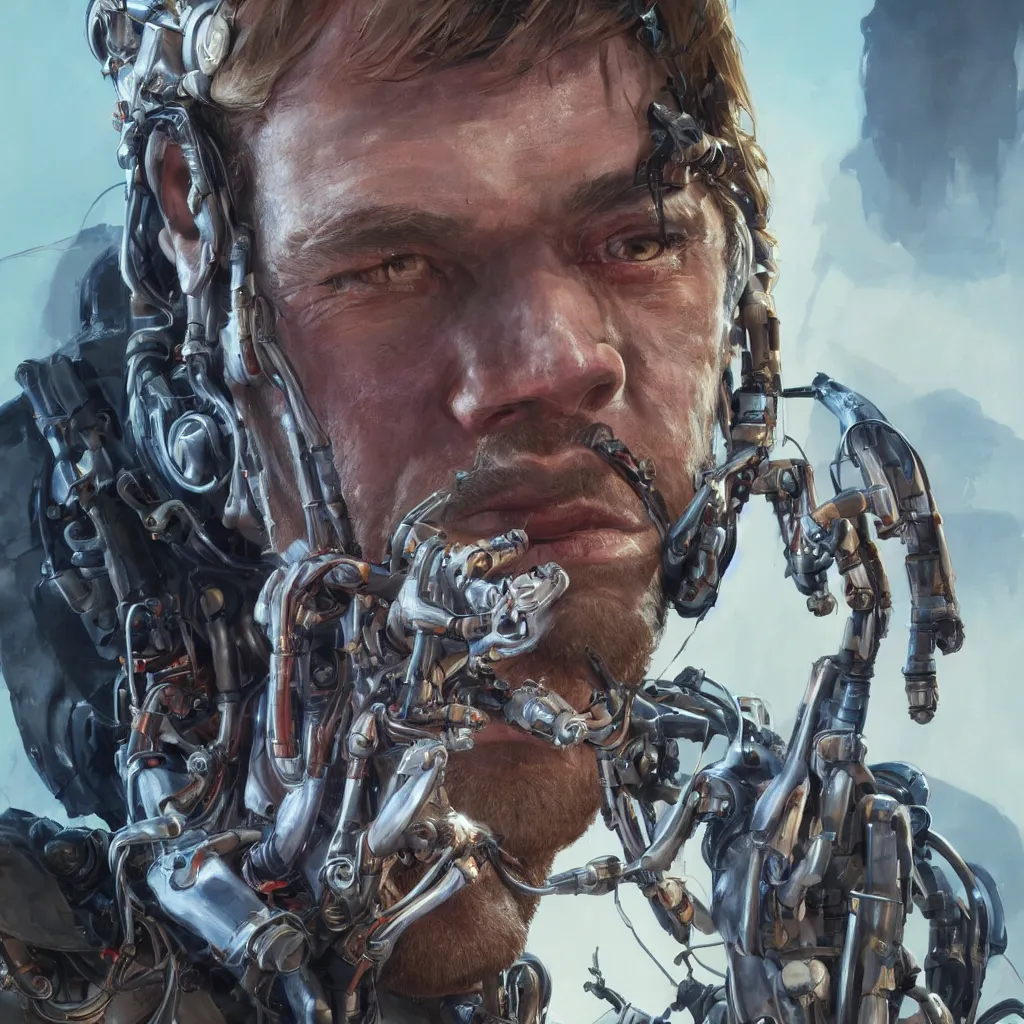 Image similar to a single close-up portrait of Arthur Morgan from Red Dead Redemption as a cyborg, barely human and largely biomechanical machine, hyper-realistic cyberpunk style, Peter Mohrbacher Takayuki Takeya moody, face by Yanjun Cheng, Irakli Nadar, dramatic cinematic lighting rendered by octane, 8k, detailed, intricate, clean and textures, trending on artstation, deviantart google images, pinterest