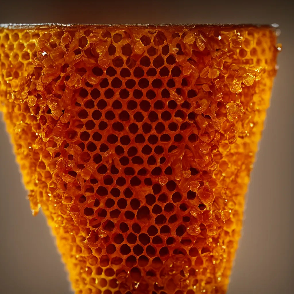 Image similar to real honeycomb traditional vase with honey by tomas gabzdil libertiny, product design, film still from the movie directed by denis villeneuve with art direction by zdzisław beksinski, telephoto lens, shallow depth of field