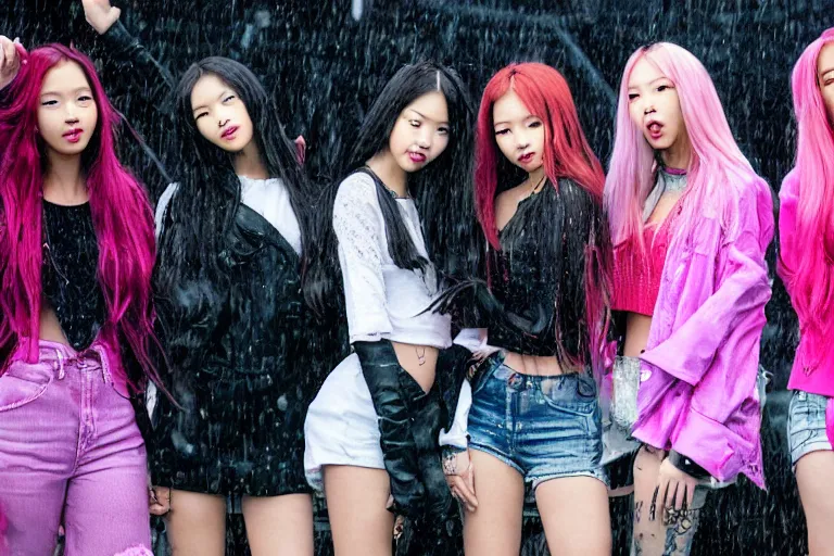 Image similar to a portrait of 4 blackpink singers posing in the rain