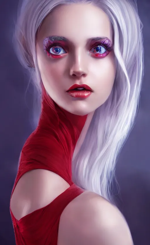 Image similar to the prettiest woman with silver blue hair, in a red and white dress portrait, dynamic lighting, fantasy concept art, trending on art station, stunning visuals, creative, cinematic, ultra detailed, ray tracing, sun rays, hyper realistic