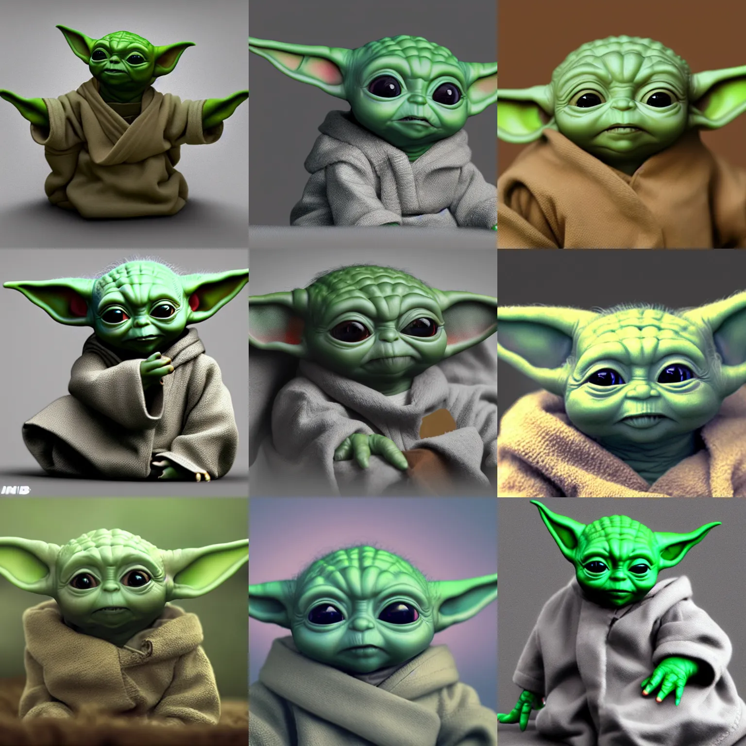 Prompt: a baby yoda made of baby yodas, realist, render, 8k