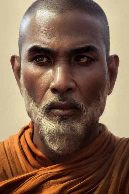 Image similar to hindu monk, close - up portrait, devoted, intricate, elegant, volumetric lighting, scenery, digital painting, highly detailed, artstation, sharp focus, illustration, concept art, ruan jia, steve mccurry