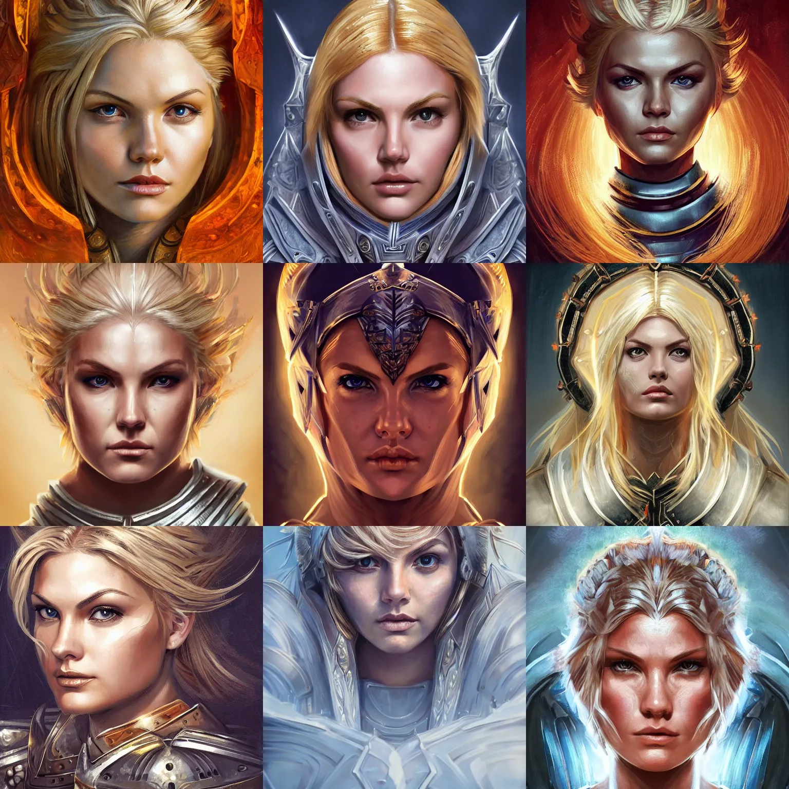 Prompt: head-on centered symmetrical painted portrait, Elisha Cuthbert as a holy paladin, blonde hair, steel armour, dramatic lighting, intricate, wild, highly detailed, digital painting, smooth, sharp focus, illustration, dramatic lighting, artstation, in the style of Anna Podedworna