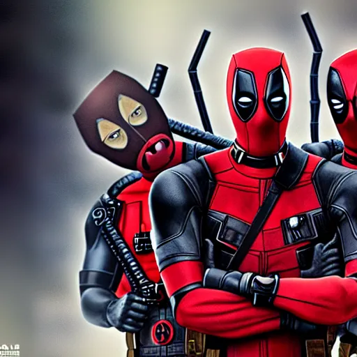 Prompt: deadpool family photo with the robot deadpool twins and cable from the comics is there and he has a huge futuristic gun, photography, 4K 3D render, HD Wallpaper, digital art