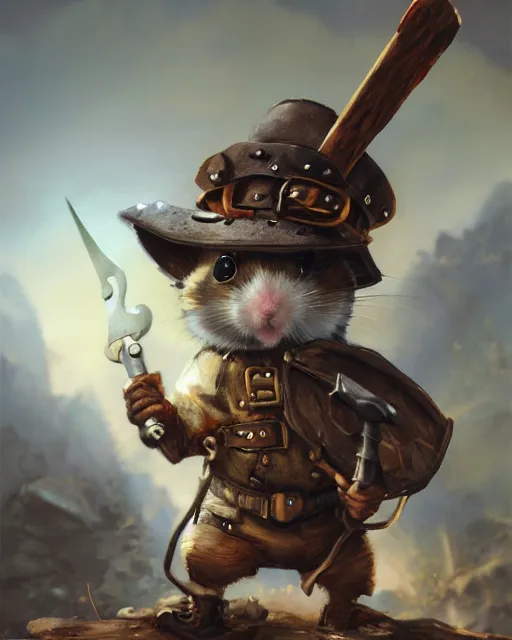 Image similar to oil painting of anthropomorphized hamster holding Pick Axe, steampunk clothes, close shot, full body, dark steampunk mine shaft background, sharp focus, fantasy style, octane render, volumetric lighting, 8k high definition, by greg rutkowski, highly detailed, trending on art Station, dungeons and dragons artwork, centered