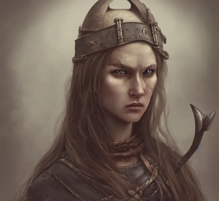 Prompt: a rugged female viking in the style of tom bagshaw