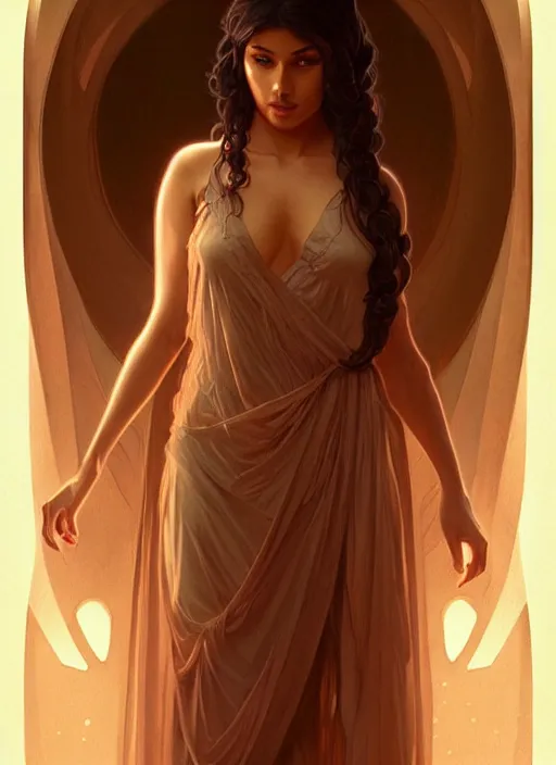 Image similar to cute brown woman wearing a transparent night gown, fantasy, intricate, highly detailed, digital painting, artstation, concept art, wallpaper, smooth, sharp focus, illustration, art by artgerm and greg rutkowski and alphonse mucha