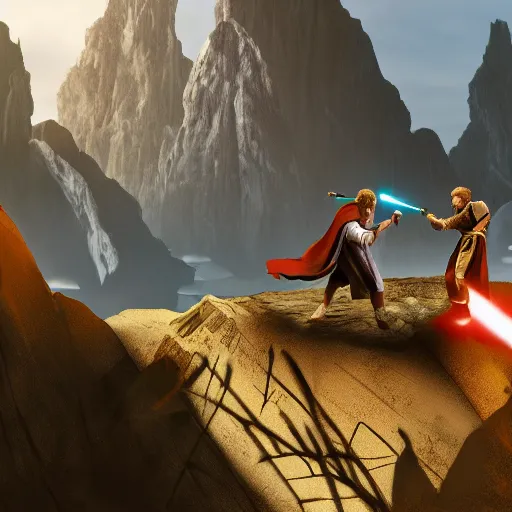 Image similar to anakin skywalker and obi wan kenobi engaging in an epic duel on a cliffside, epic, fantasy artwork, intense, cinematic, raytracing, dynamic lighting, 4 k