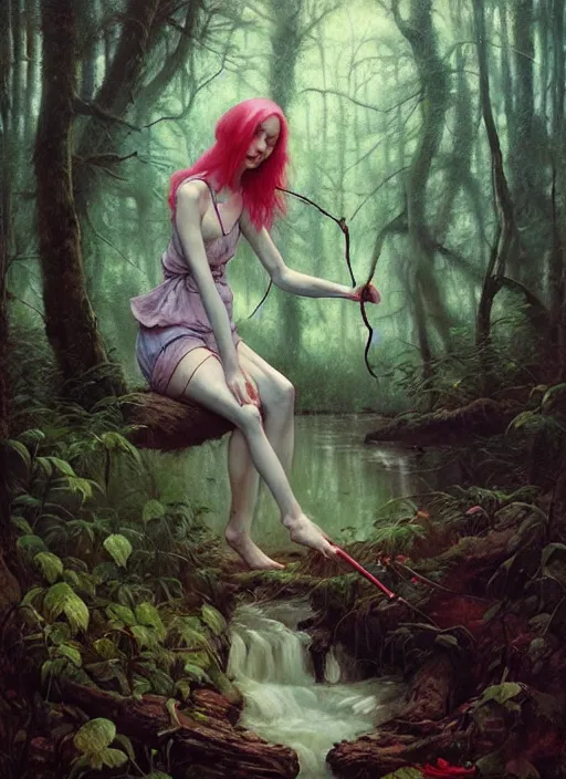 Image similar to bubblegum in the woods by a stream, river gorgeous lighting, lush forest foliage blue sky a hyper realistic painting by chiara bautista and beksinski and norman rockwell and greg rutkowski, tom bagshaw weta studio, and lucasfilm