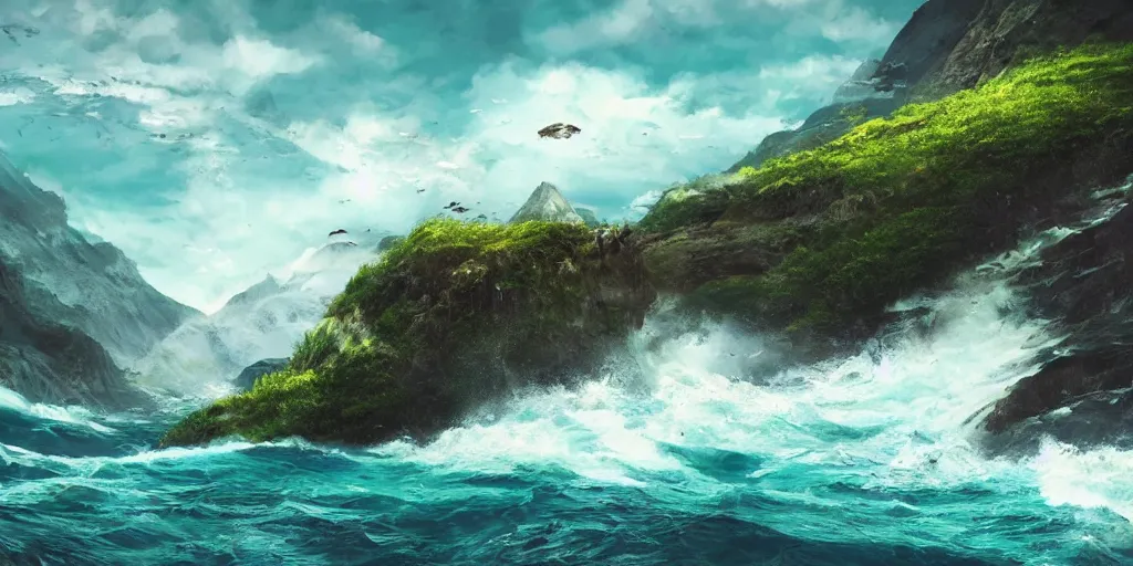 Prompt: concept art, beautiful nature, high mountains higher than clouds with green trees on top, a small wooden bridge connecting two mountains, ocean beneath the mountains with clear blue water, whales showing from the waves, cinematic, 8k, highly detailed