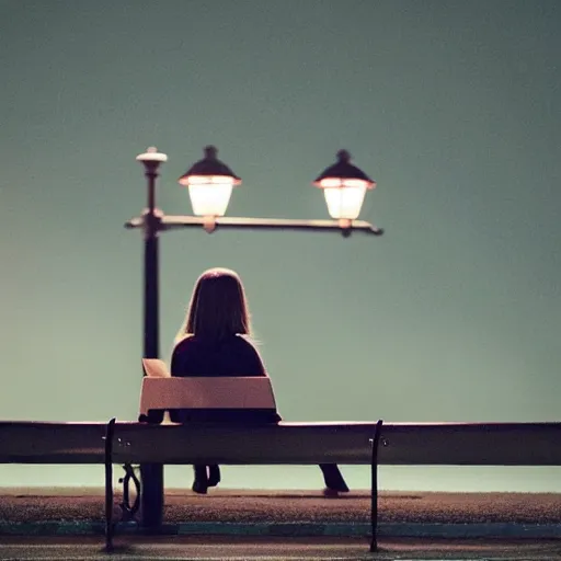 Prompt: a girl reading a book, city park, street lighting, by Emmanuel Lubezki