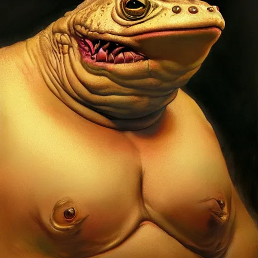 Image similar to photoreal portrait of an armoured bloated man resembling a toad, by boris vallejo and norman rockwell, artstation, horror, concept creature character art