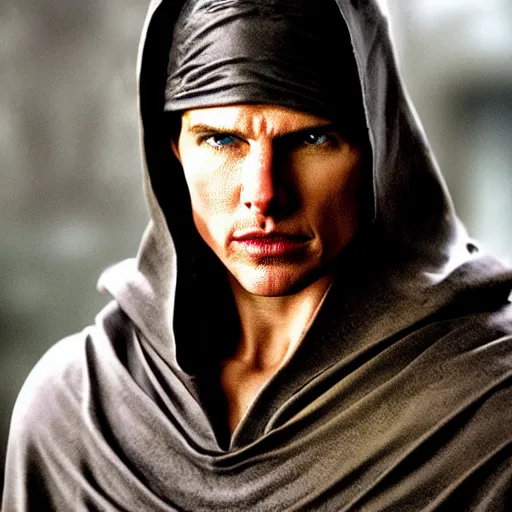 Prompt: medieval fantasy half length portrait photo of tom cruise as a d & d hooded rogue assassin, photo by philip - daniel ducasse and yasuhiro wakabayashi and jody rogac and roger deakins