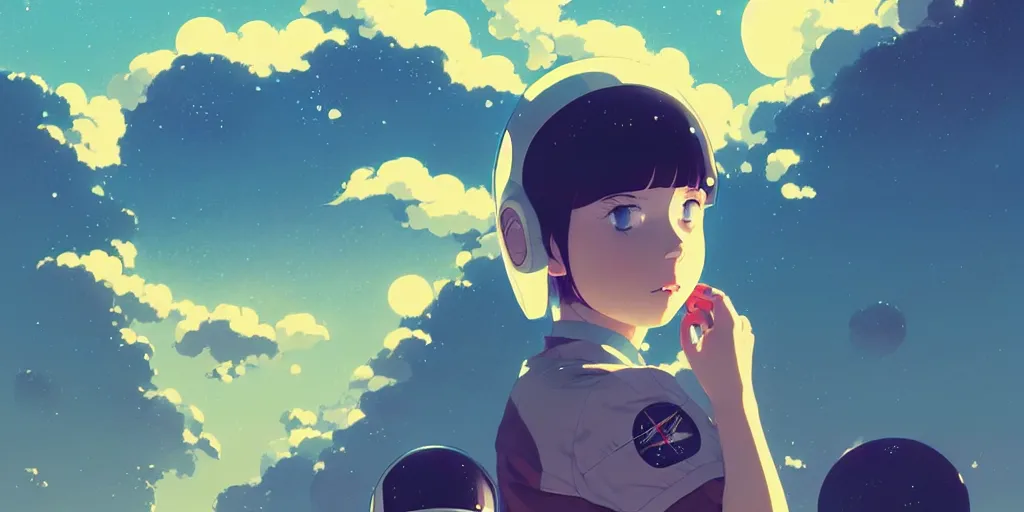 Image similar to portrait of a girl with astronaut helmets by ilya kuvshinov, cloudy sky background lush landscape ln illustration concept art anime key visual trending pixiv by victo ngai fanbox by greg rutkowski makoto shinkai takashi takeuchi studio ghibli