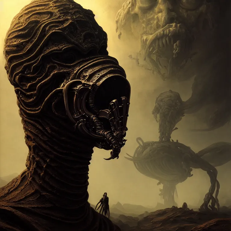 Image similar to portrait of beautiful man wearing black ribbed scorpio as mask, wastelands on exoplanet, baroque painting, beautiful intricate insanely detailed octane render, artstation, 8 k artistic harsh flash photography, photorealistic, volumetric perfect light, chiaroscuro, raphael, caravaggio, beksinski, rutkowski, giger