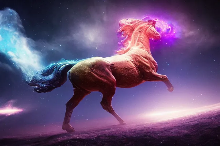 Prompt: a stunning horse made of a illuminated astronomical map running through a space nebula by greg rutkowski, high key lighting, volumetric light, digital art, highly detailed, fine detail, intricate, ornate, complex, octane render, unreal engine, photorealistic