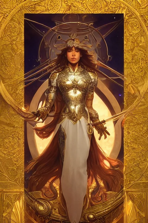 Image similar to Pisces zodiac tarot card, holy light, intricate armor, elegant, highly detailed, digital painting, artstation, concept art, smooth, sharp, focus, illustration, art by artgerm and greg rutkowski and alphonse mucha