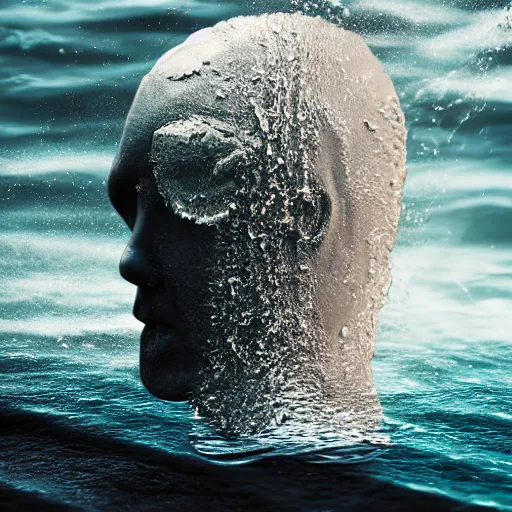 Image similar to water artwork manipulation in the shape of a human head on the ocean, ray tracing, realistic water sharp focus, long shot, 8 k resolution, cinematic