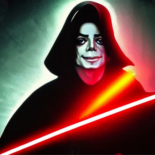 Image similar to “Michael Jackson as Emperor Palpatine wielding a glowing red lightsaber, cinematic lighting, action, explosions, highly detailed, 8k resolution”