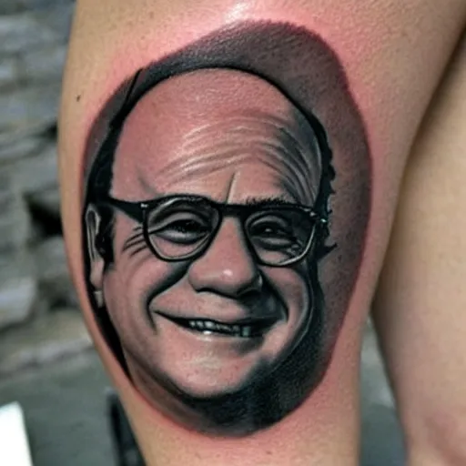 Image similar to tattoo of danny devito on leg