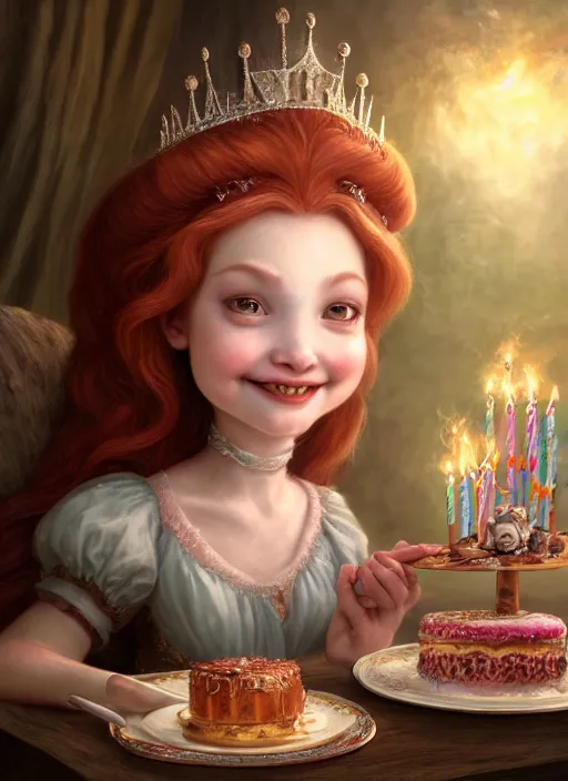 Image similar to highly detailed closeup portrait of a grinning fairytale medieval princess eating birthday cake, unreal engine, nicoletta ceccoli, mark ryden, lostfish, earl norem, global illumination, god rays, detailed and intricate environment