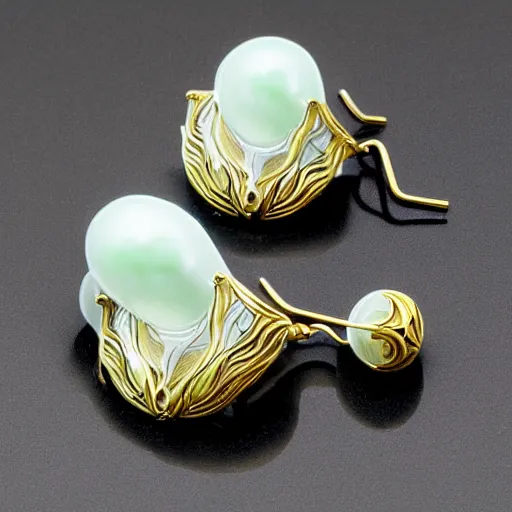 Image similar to artnouveau alien goddess earrings made by René lalique in black, white and emerald and gold