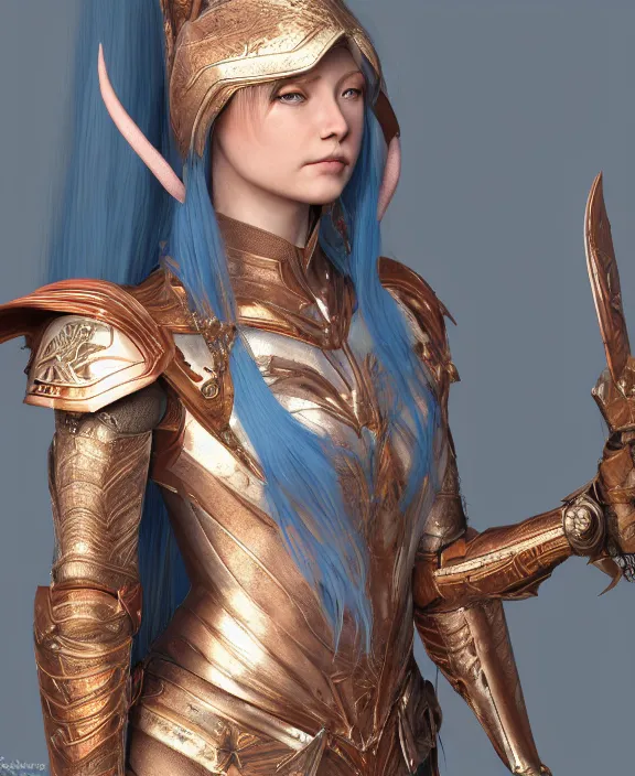 Image similar to a beautiful and highly detailed digital portrait of a dignified elf with long blue hair in a rose gold armor breastplate by artgerm, julia razumova, and lu ji, centered, artsation contest winner, cgsociety, fantasy art, cryengine, concept art, photorealism, daz 3 d, sketchfab, zbrush, vray