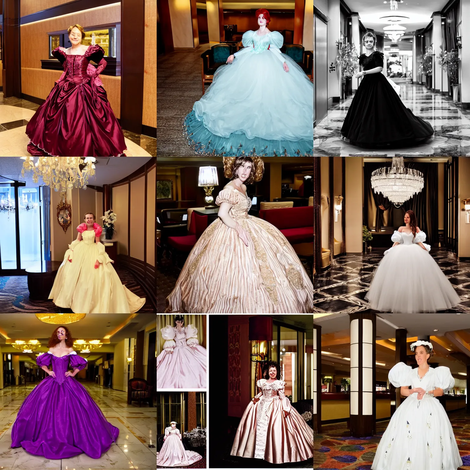 Prompt: woman in a fantasy ball gown with huge big large puffy sleeves, in a hotel lobby, flash photography