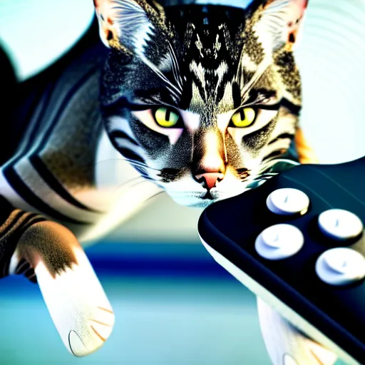 Image similar to a cat playing video games on a controller, photo, octane render, realistic, hyper realistic