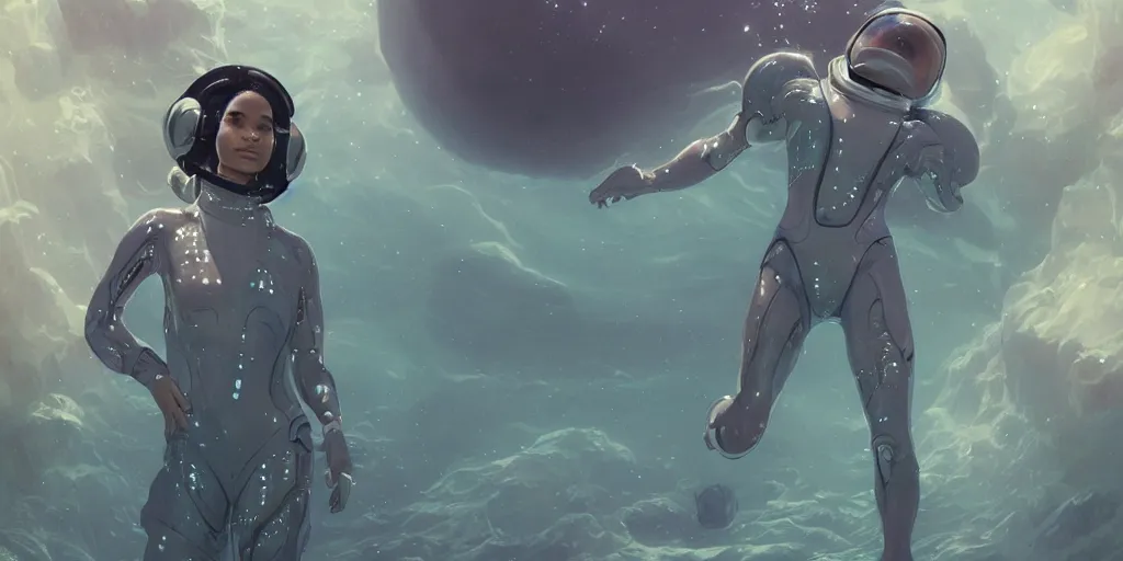Prompt: Zoe Kravitz as a futuristic astronaut, underwater in the ocean at night, murky water, volumetric lighting, glowing lights, 4k, octane, digital painting, artstation, concept art, sharp focus, underwater photograph , art by artgerm and greg rutkowski and alphonse mucha , portrait,