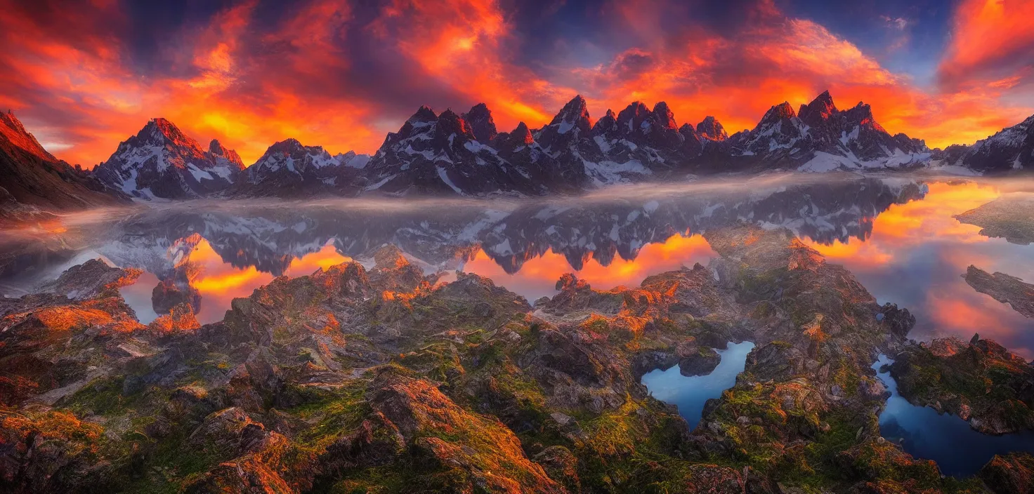 Image similar to amazing landscape photo of mountains with lake in sunset by marc adamus, beautiful dramatic lighting